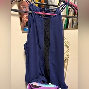 Express Deep Blue Halter Top with Black Lace